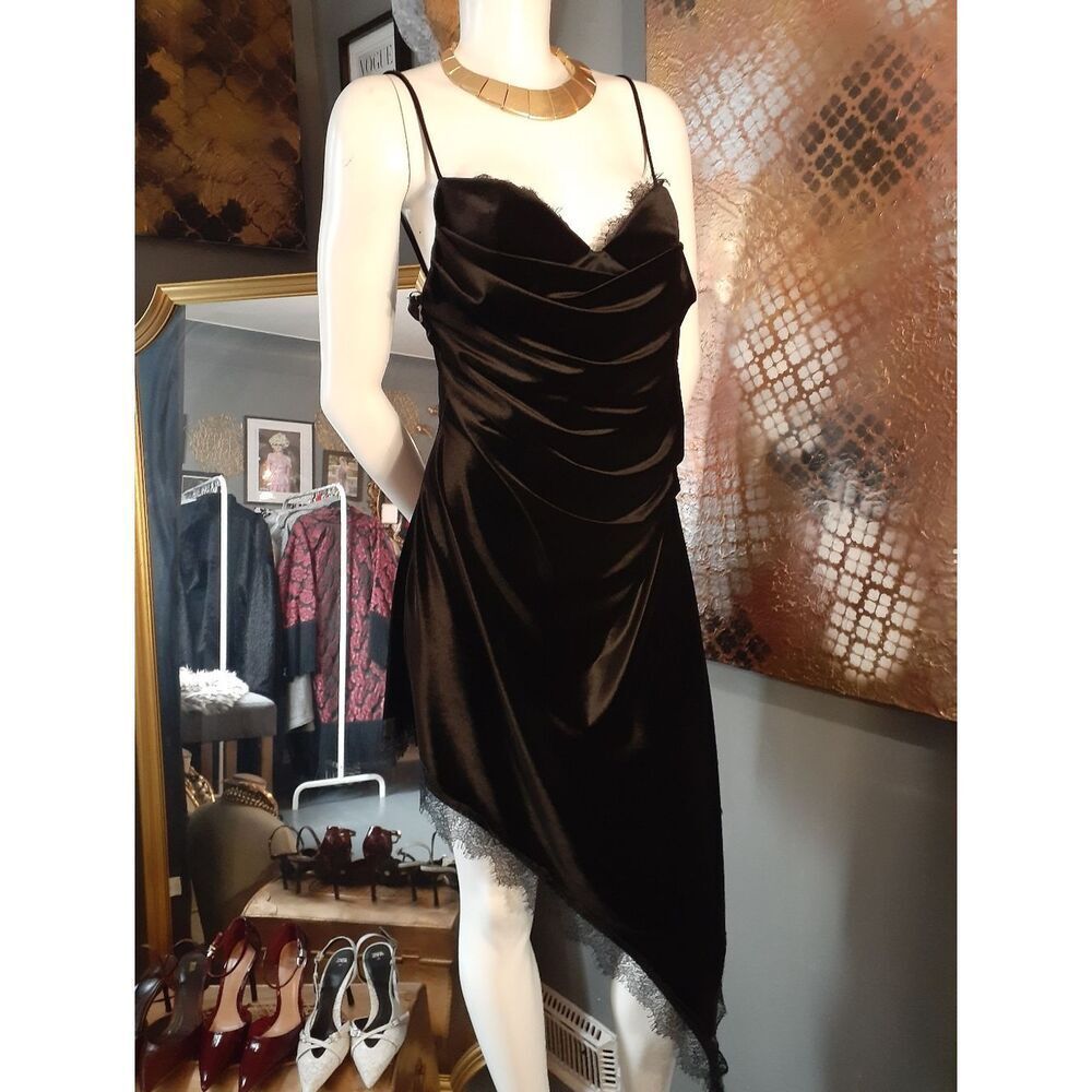 Zara Nwt Black Velvet Asymmetric Slip Dress with Lace Trim - Picture 15 of 16